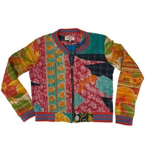 Kantha Handmade Jacket Medium Multicolor Quilted Patchwork Zip Up Bomber